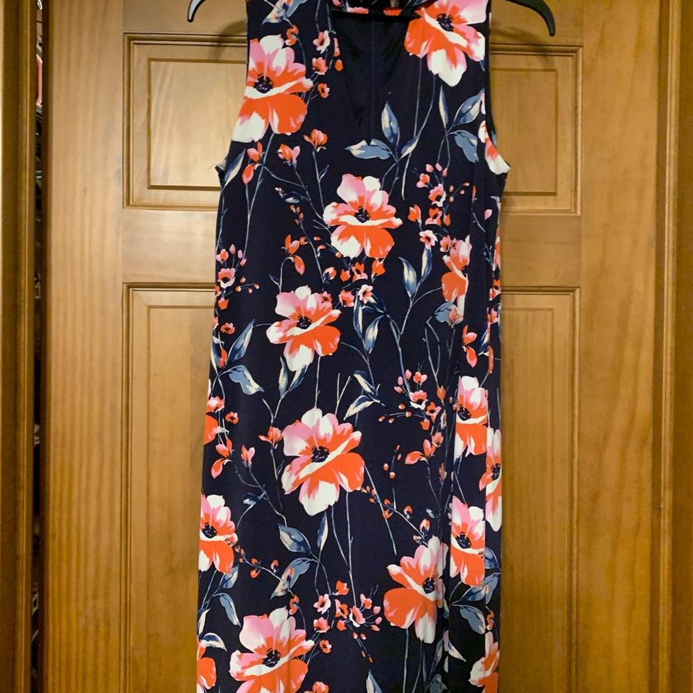 Navy with floral high neck, cut out v dress